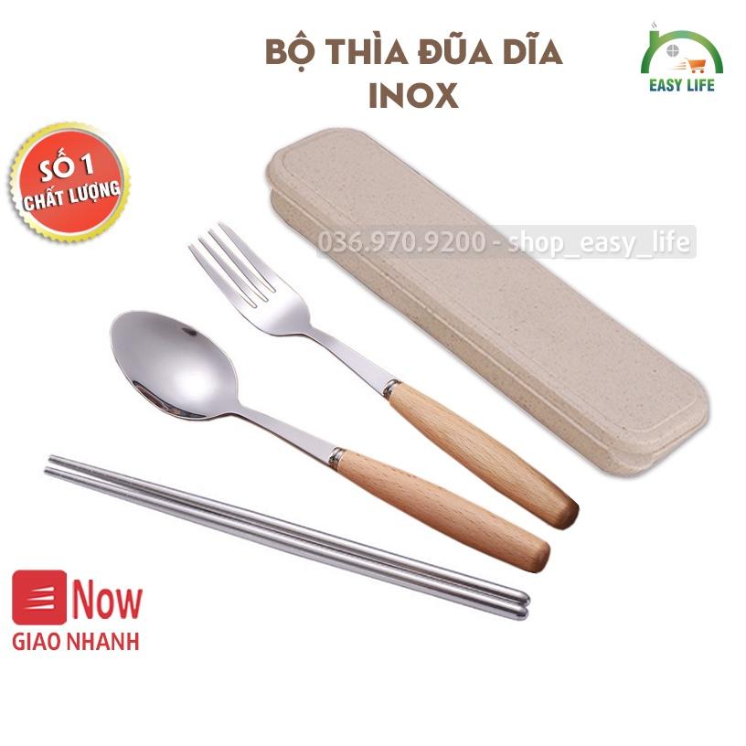 Bộ Thìa Đũa Dĩa Inox Cán Gỗ - Hộp Nhựa Lúa Mạch