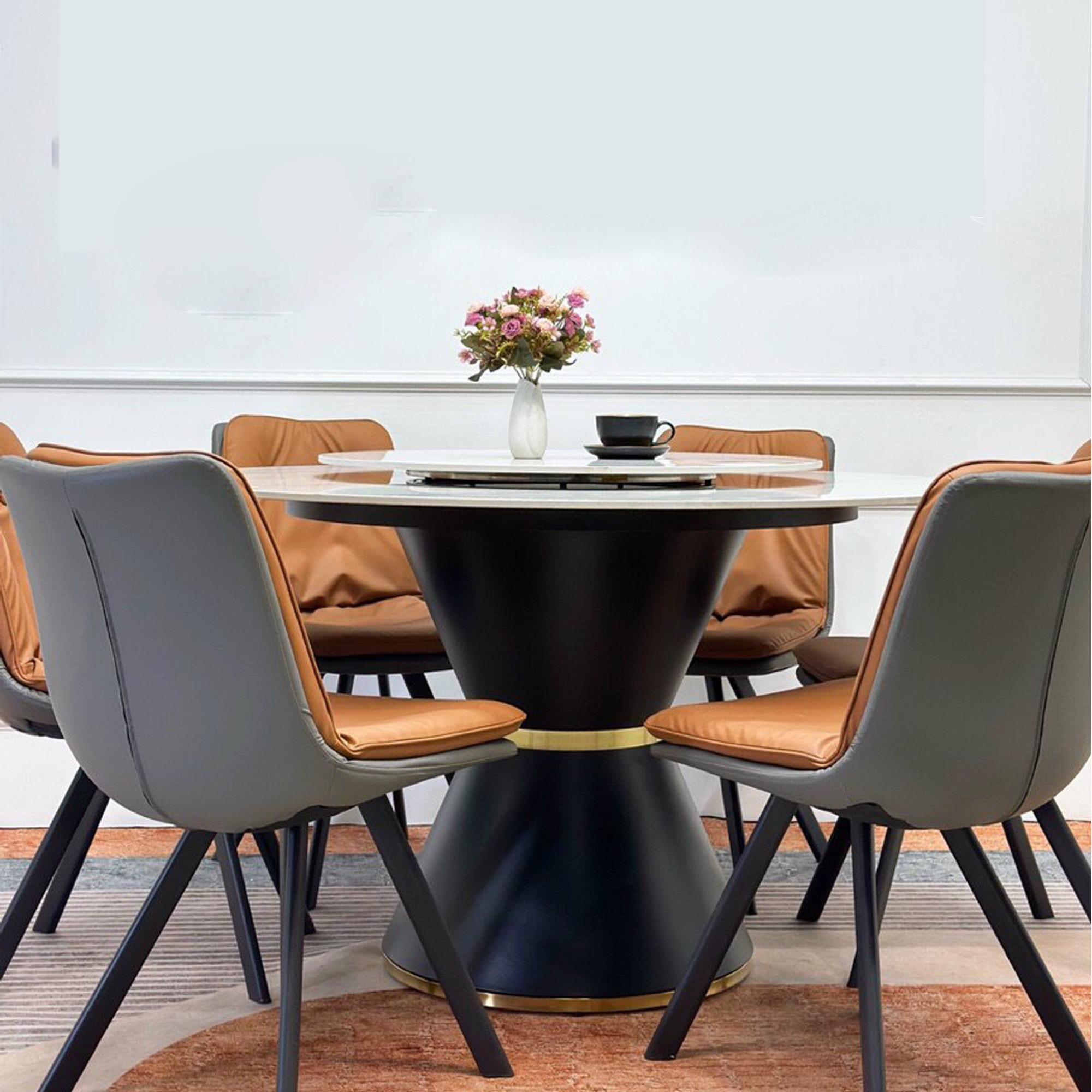 Bộ bàn ăn 6 ghế thông minh tròn xoay nhập khẩu mặt đá ceramic phủ bóng chống xước, ghế bọc da - Bảo hành 2 năm