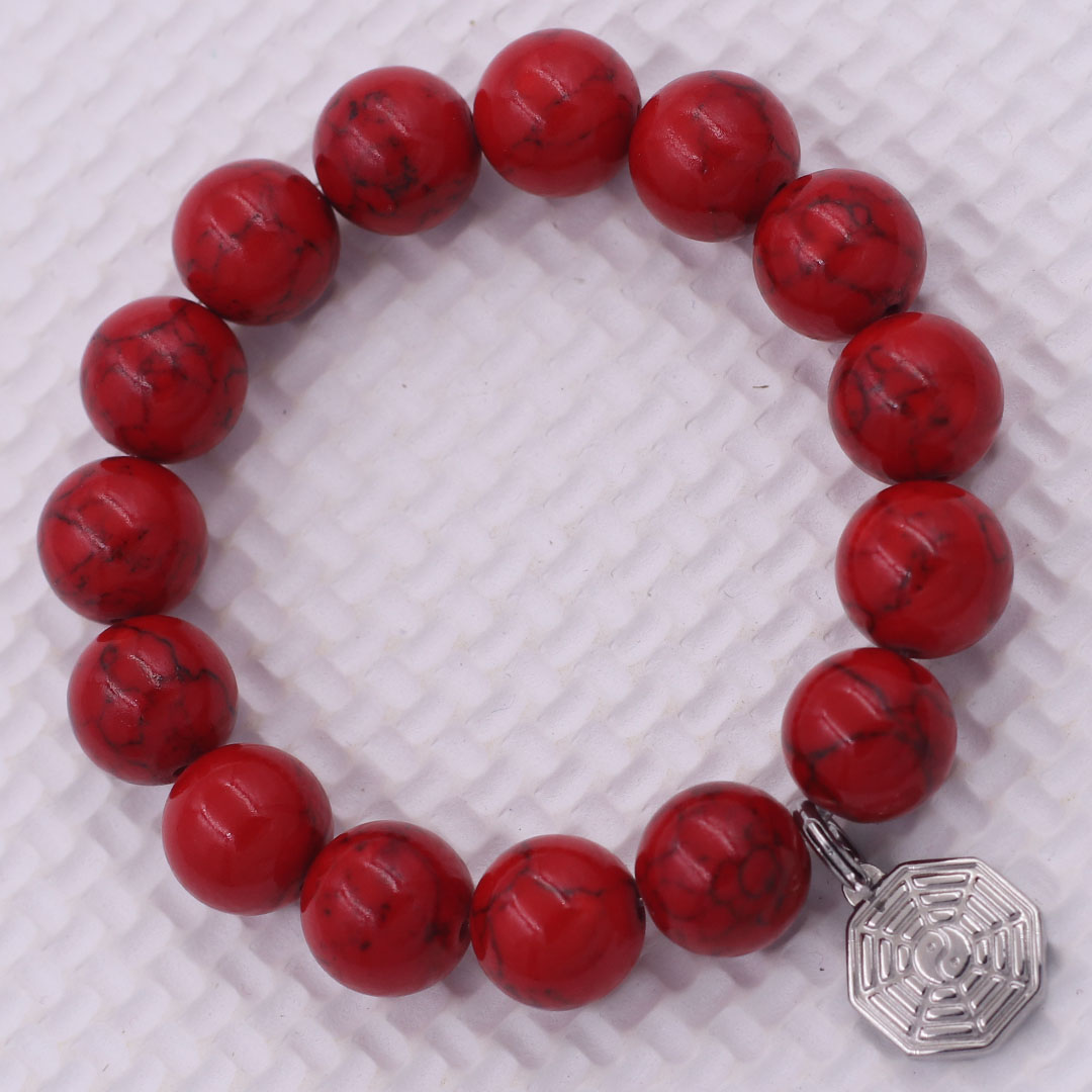 Vòng chuỗi đeo tay san hô đỏ sọc charm bát quái inox, vòng tay hạt chuỗi, vòng chuỗi phong thủy, vòng tay nam nữ