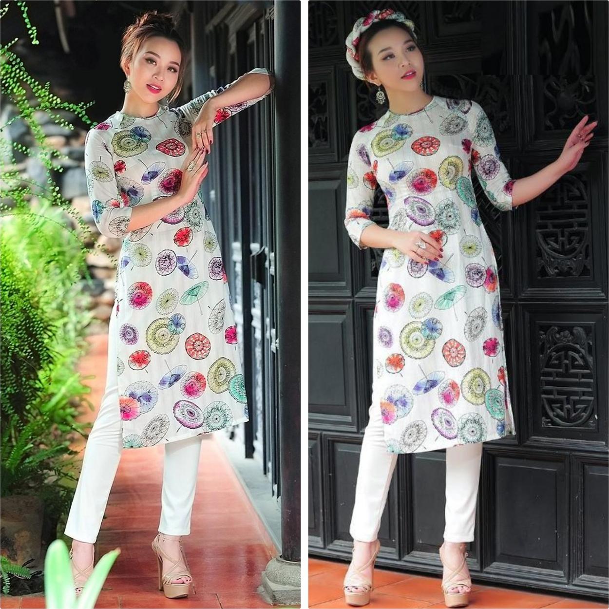 ÁO DÀI CÁCH TÂN KO KÈM QUẦN HỌA TIẾT CÂY DÙ NT2039