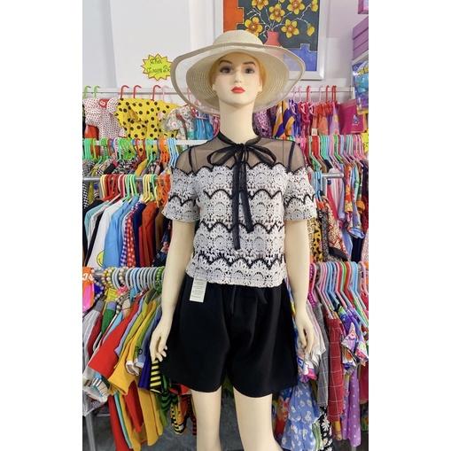 Áo Nữ Ren Đen Trắng Thắt Nơ Cổ Áo Thanh Lịch