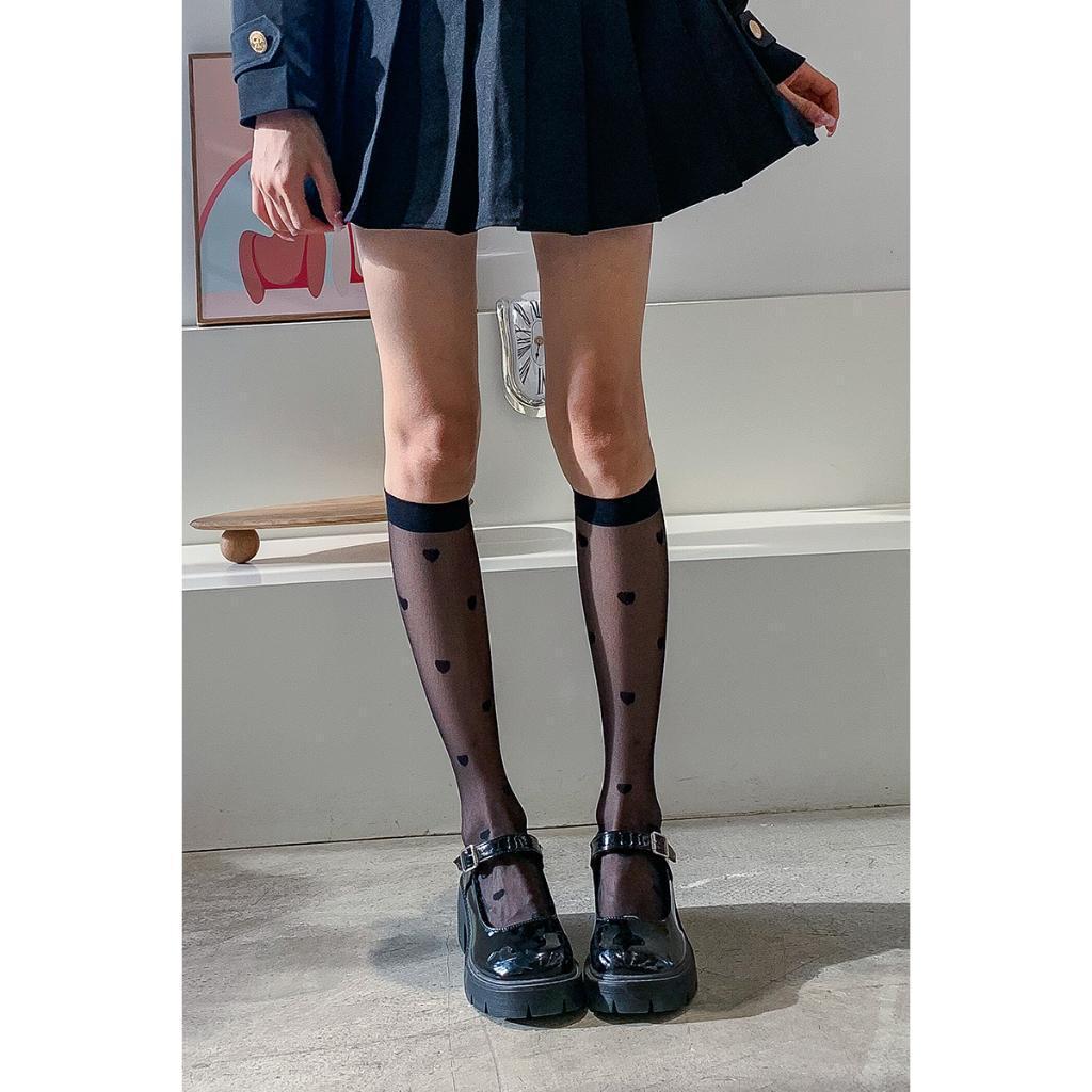 Tất, vớ mỏng tới bắp chân họ tiết trái tim, phong cách lolita, vô cùng dễ thương, sànhđiệu và cá tính Nữ  Đen