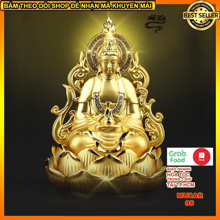 Tượng Phật Bà Quan Thế Âm Bồ Tát hai mặt tọa đài sen vàng đính đá cao cấp trang trí taplo ô tô xe hơi