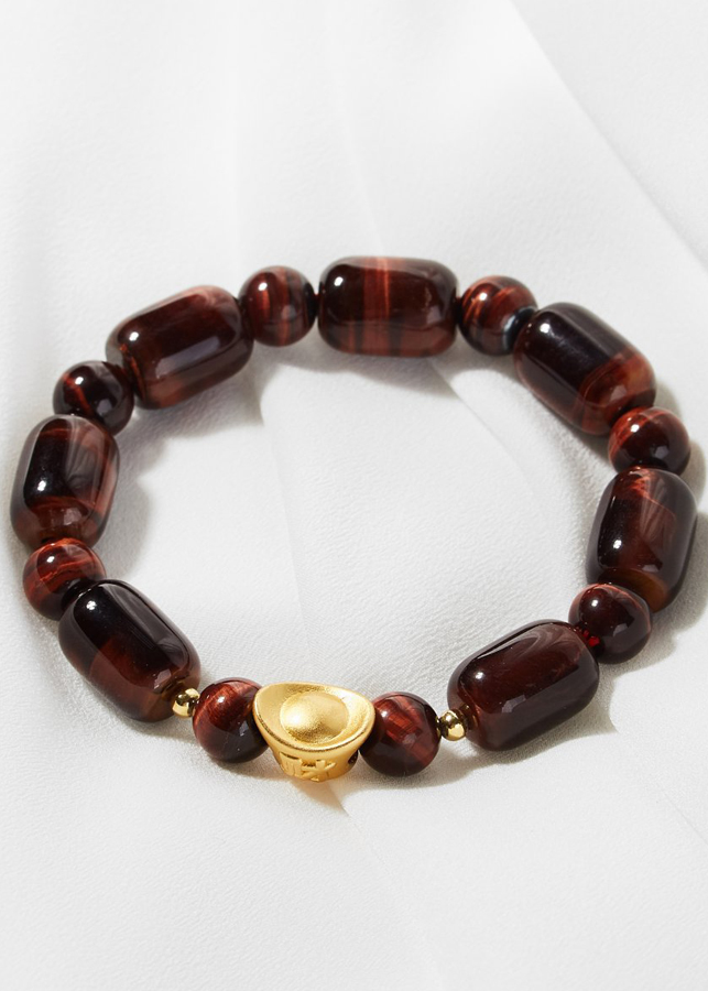Vòng tay đá mắt hổ nâu đỏ phối thỏi vàng bạc mạ vàng Ngọc Quý Gemstone