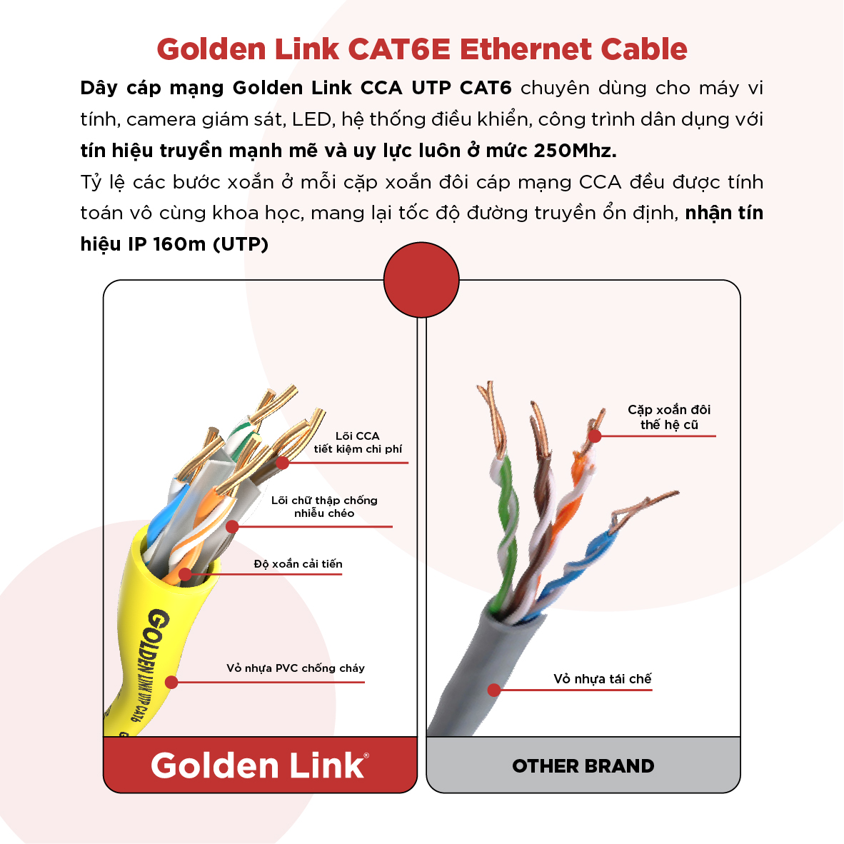 Cáp Mạng UTP CAT6 CCA Golden Link - 250MHz - 3m - 305m - Hàng chính hãng