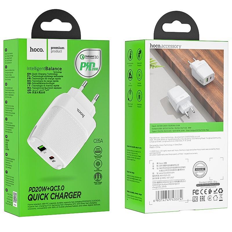 Cốc sạc 2 cổng USB Hoco C85A chân tròn QC3.0 và TypeC PD20W