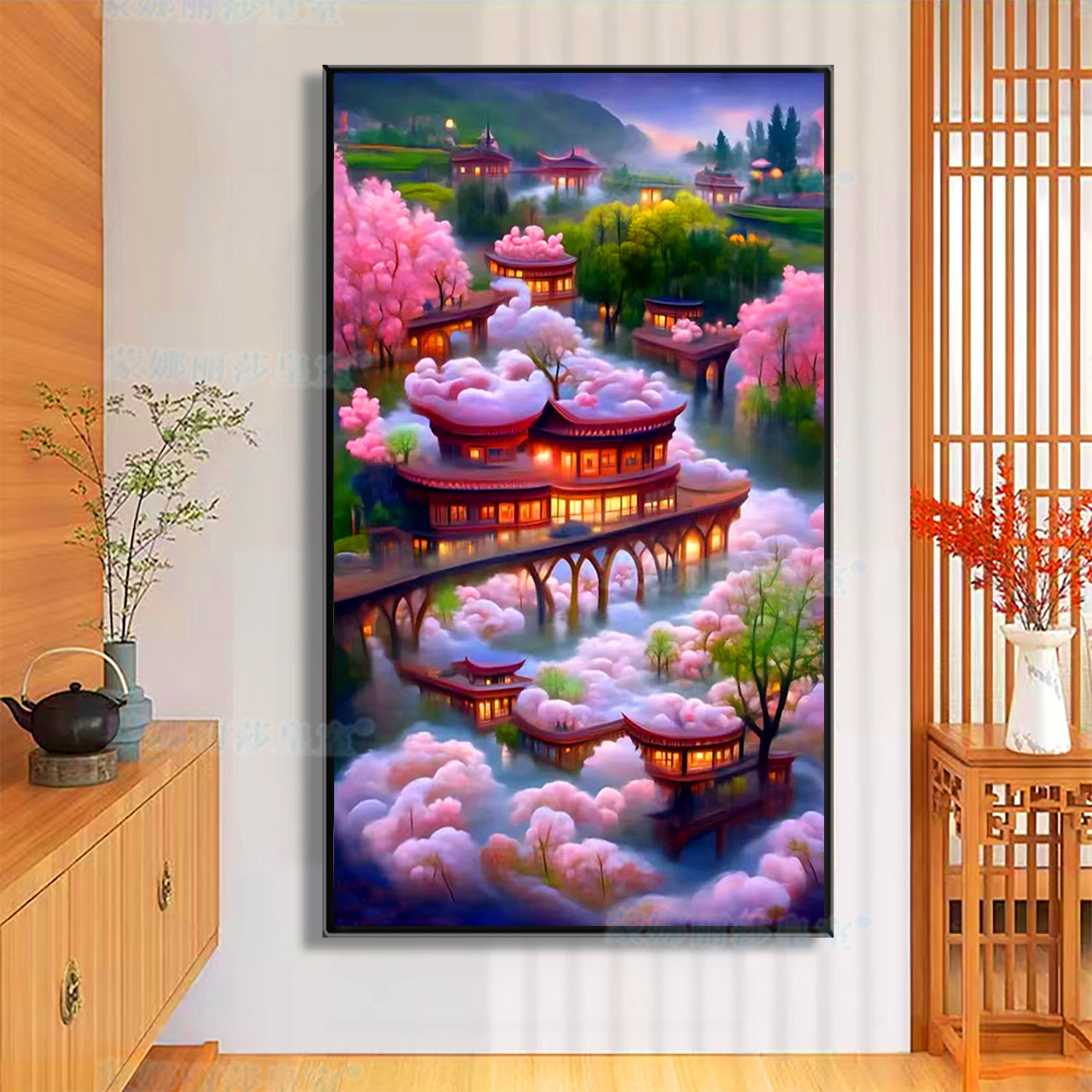 Tranh thêu kín, Bồng lai tiên cảnh 62769, thêu 4 sợi, 9CT, kích thước 50*78 cm