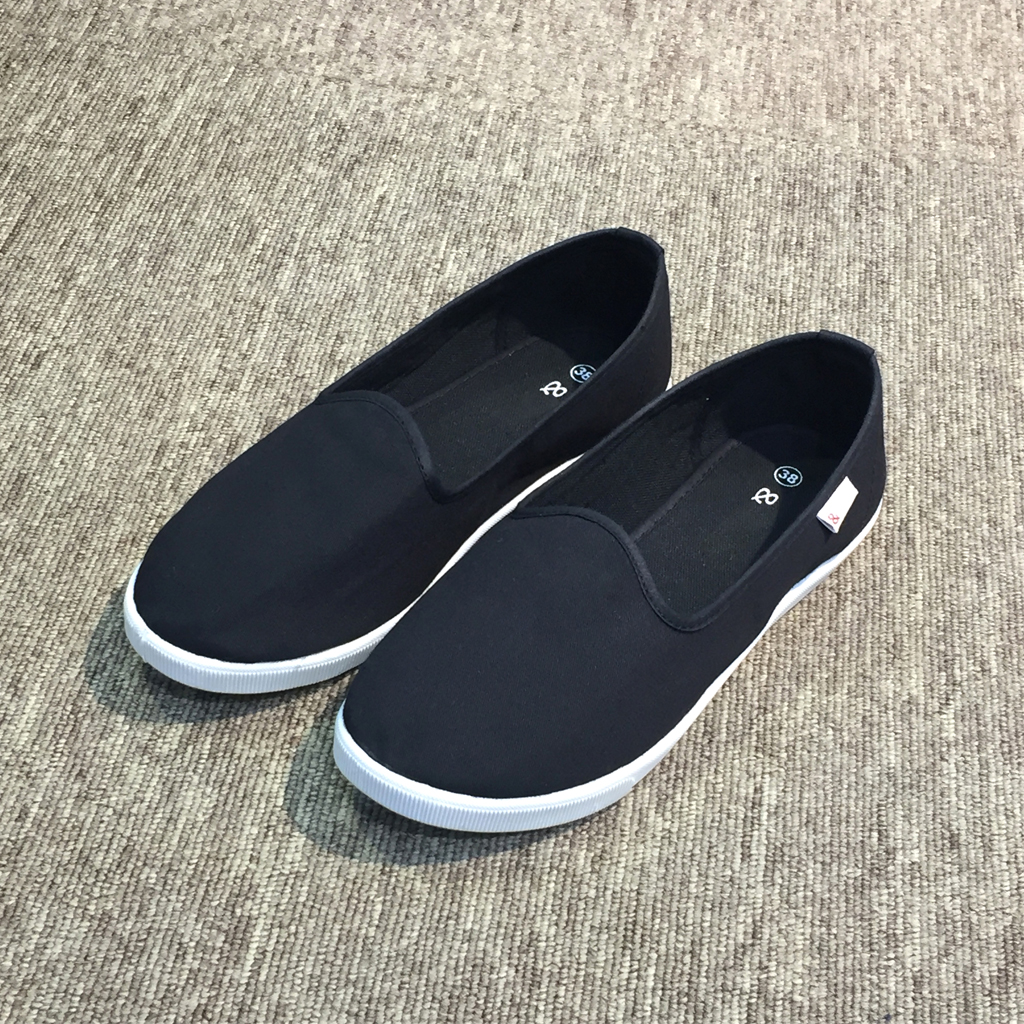 Giày slip on nữ mũi tròn búp bê siêu mềm êm chân chuyên dụng đi bộ tôn dáng đẹp - màu đen vải Canvas