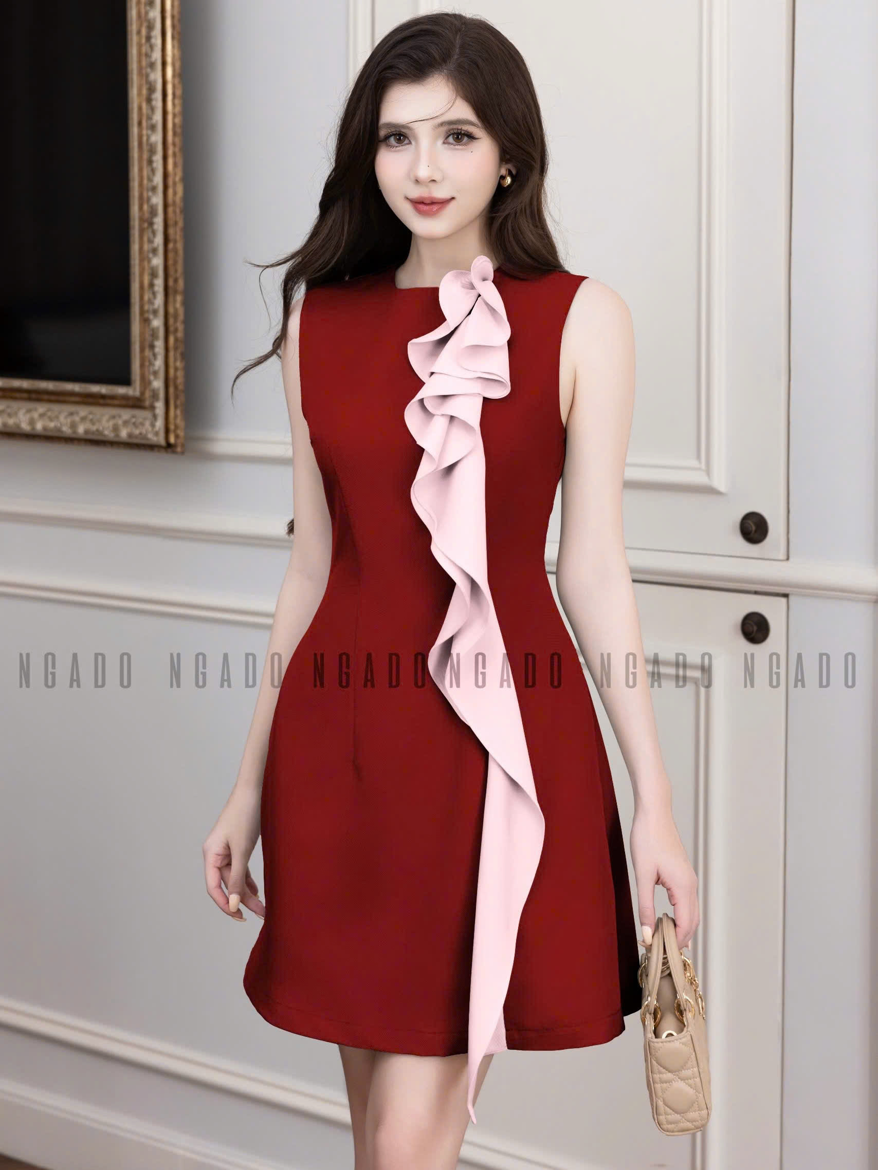 Đầm đỏ phối vạt hồng NGADO , đầm đỏ , đầm kiểu nữ , đầm dự tiệc