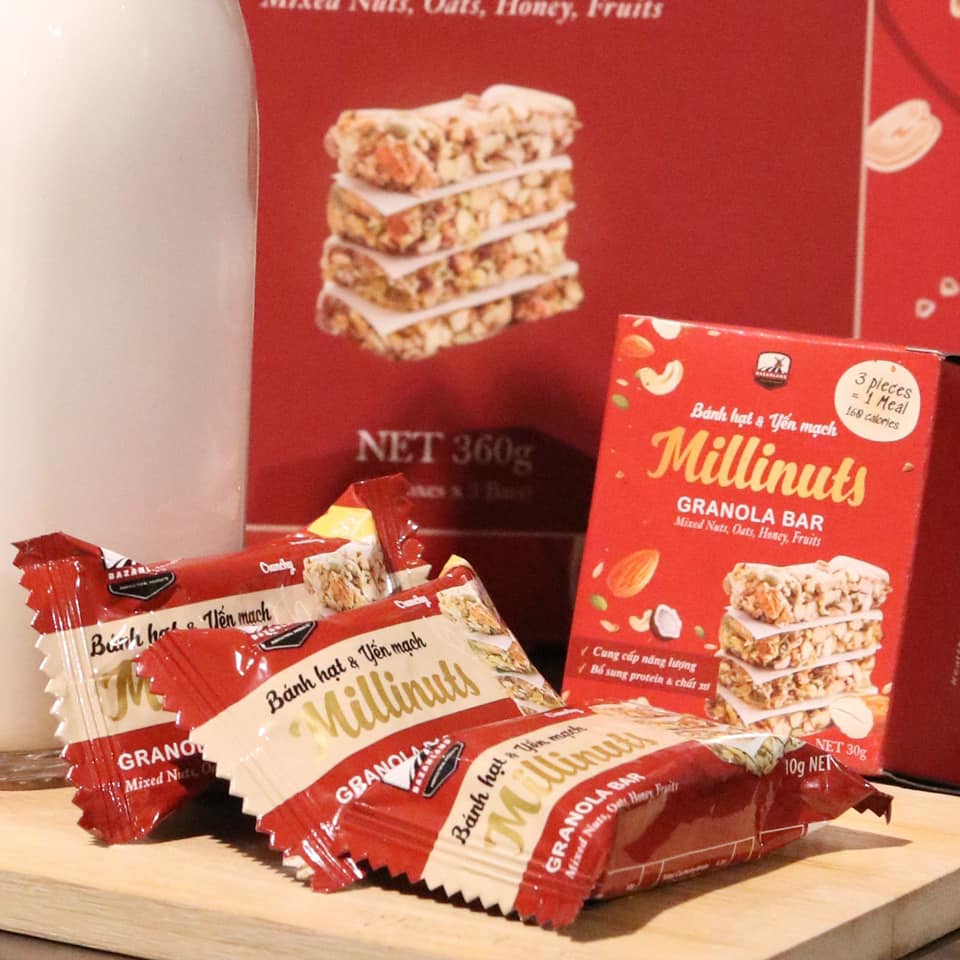 Thanh yến mạch ăn kiêng Granola Bar Millinuts - kết hợp giữa yến mạch hảo hạng và hạt dinh dưỡng, không đường, tốt cho sức khỏe và vóc dáng - Hộp 360g