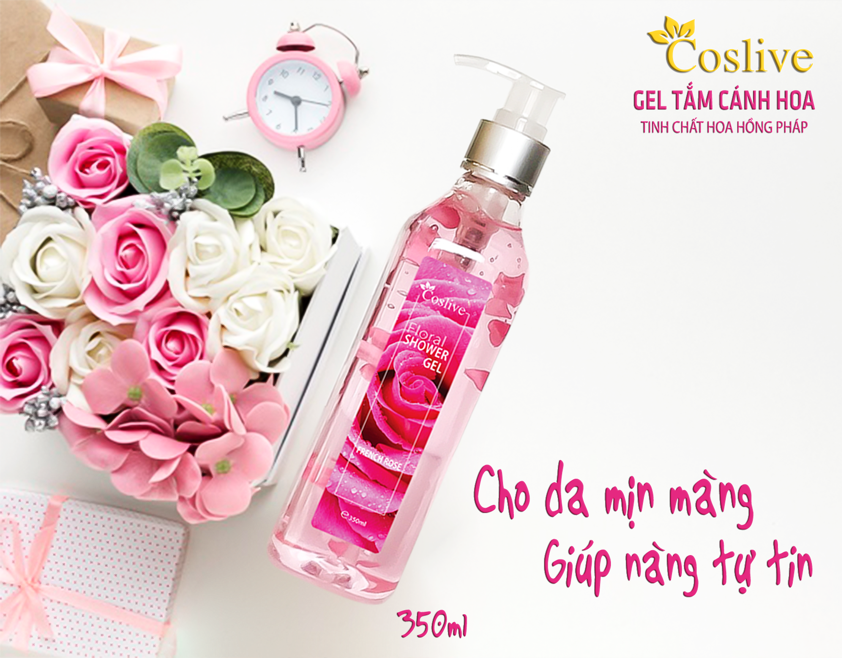 GEL TẮM CÁNH HOA HOA HỒNG PHÁP 350ML COSLIVE