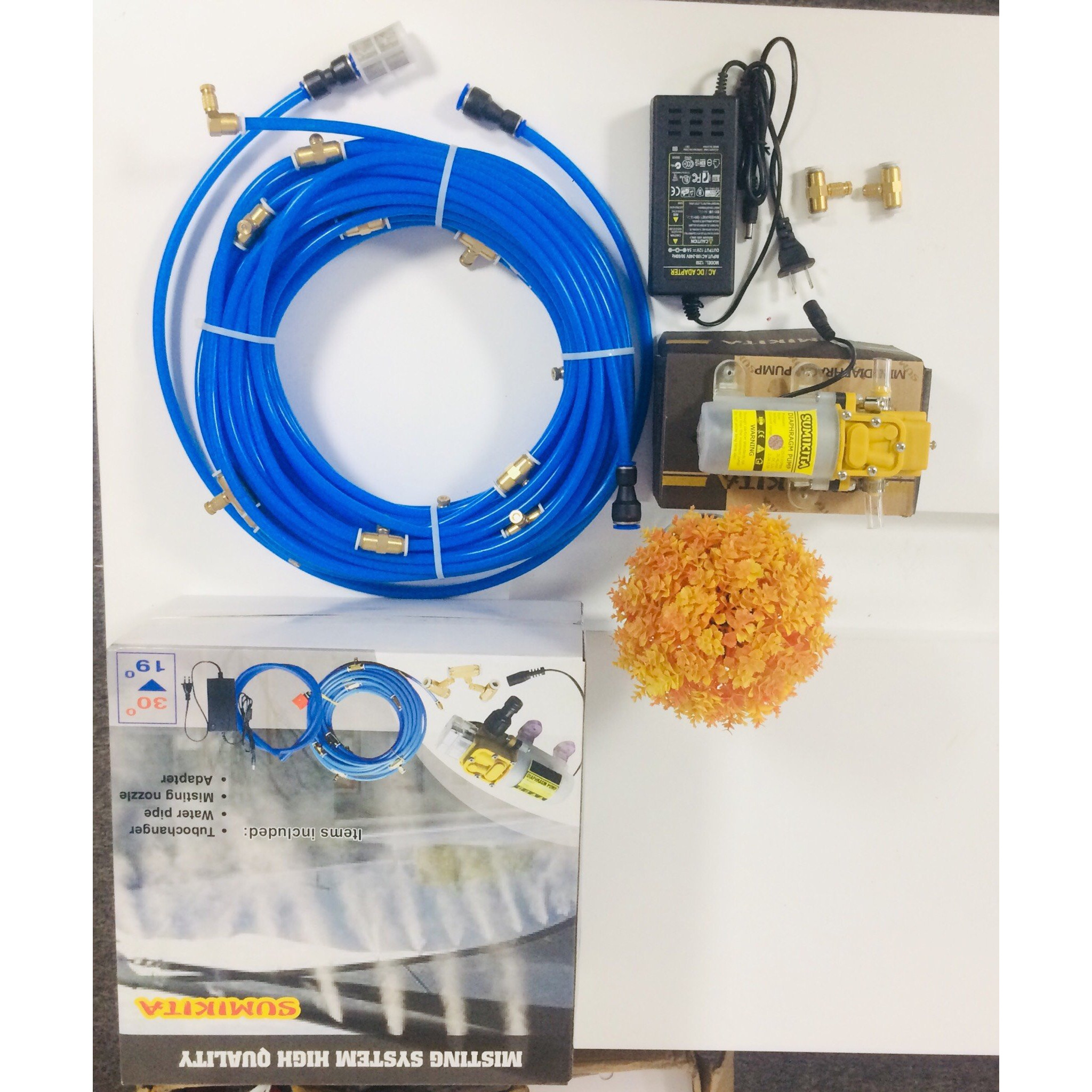 Bộ máy phun sương 15m, làm mát,tưới lan 12V 10 béc có điều chỉnh lượng nước