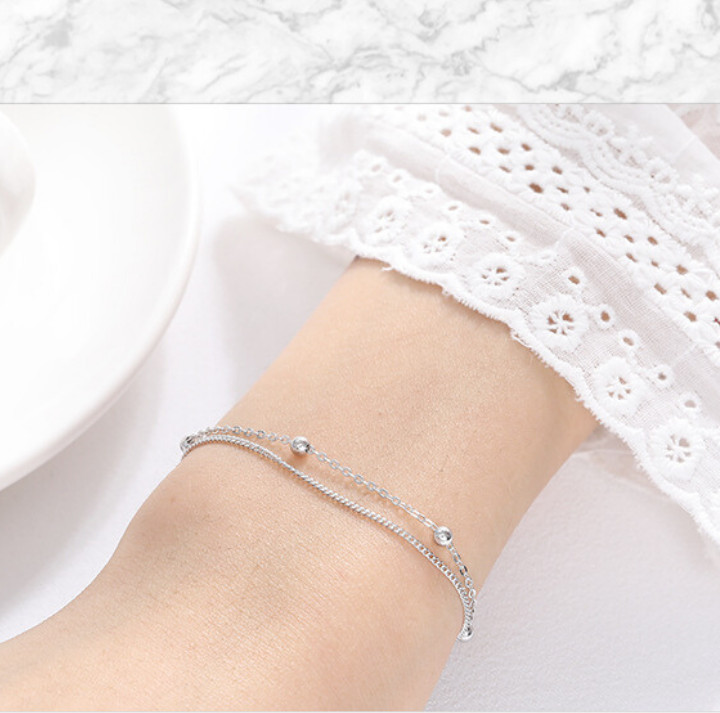 Lắc tay bạc xinh | Vòng Tay Bạc Nữ 925 hai dây hình quả cầu tròn