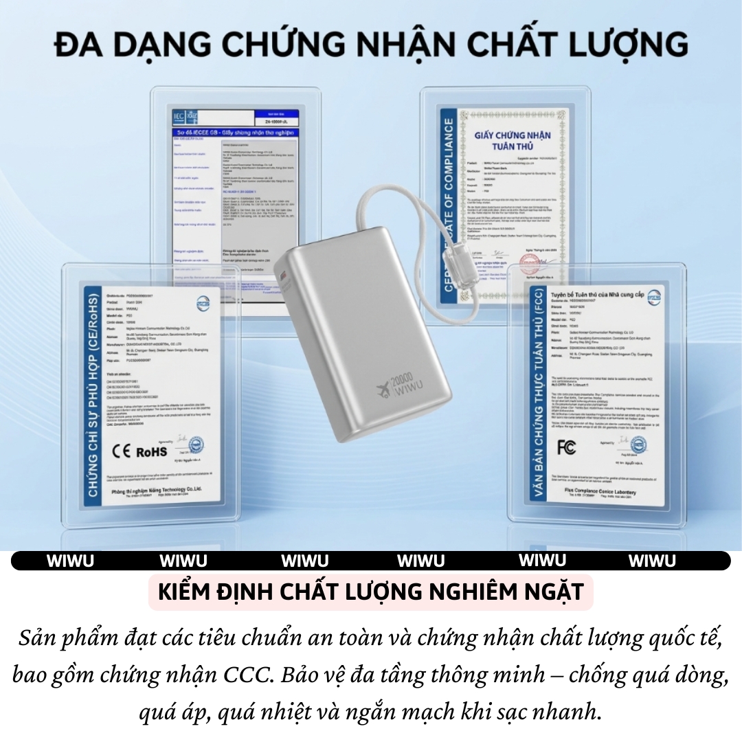 Pin dự phòng WIWU PowerPlus PD 3.0 45W 20.000mAh tích hợp cáp USB-C &amp; L(iP) sạc nhanh cho iPhone iPad Laptop Macbook - sạc nhanh ổn định, tối ưu hiệu suất, Chuẩn an toàn 3C / CCC / CE / RoHS,  Thiết kế nhỏ gọn, cao cấp - hàng nhập khẩu