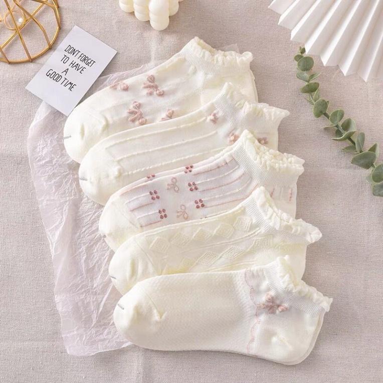 Set 10 Đôi Tất Vớ Nữ Cổ Ngắn Họa Tiết Nơ Nhún Bèo Cotton Kèm Túi.T37