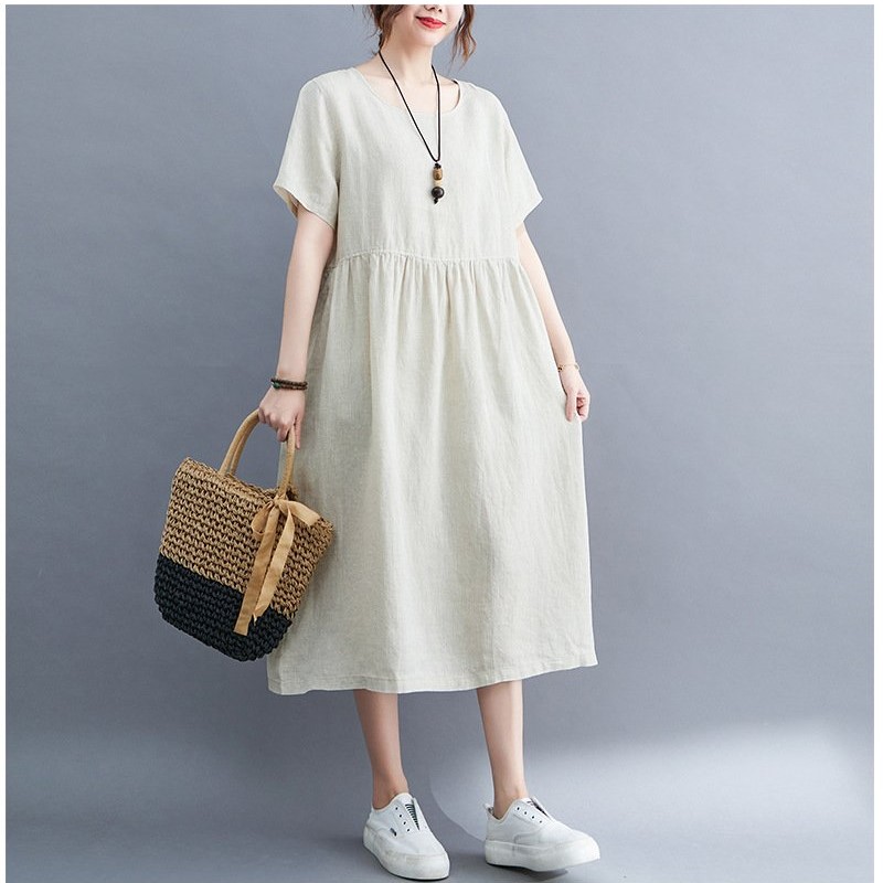 Đầm Suông Cổ Tròn Tay Cộc Dáng Dài Chất Đũi Mềm Mại Haint Boutique
