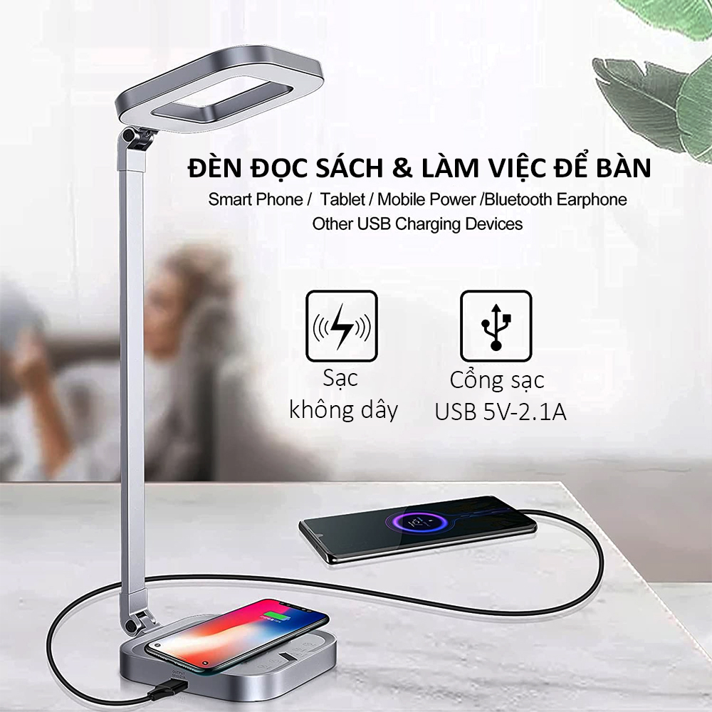 Đèn đọc sách, Đèn học va làm việc để bàn LED 7W, 5 chế độ ánh sáng, Tích hợp đế sạc không dây Qi 10W, Cổng sạc USB 5V-2.1A, Thân đèn Kim loại cao cấp