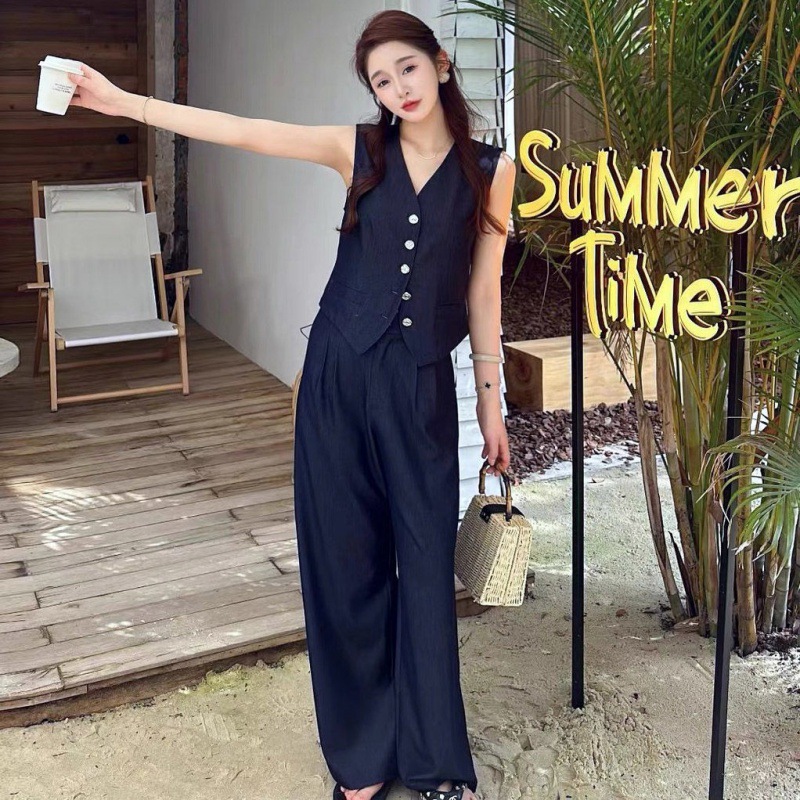 Set áo gile vạt nhọn và quần dài ống suông cực kì  hách dáng, tôn eo, màu xanh than cực kì sáng da Bv10