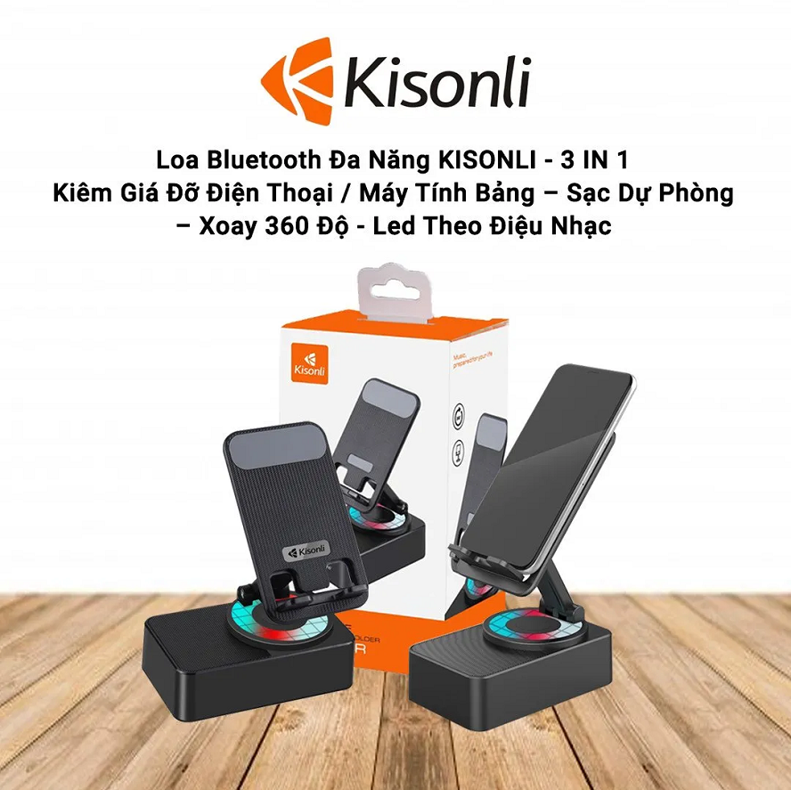 Loa Bluetooth Kisonli M1 3in1 (Kiêm Giá Đỡ – Sạc Dự Phòng – Xoay 360 Độ - Led Theo Điệu Nhạc) - Hàng chính hãng