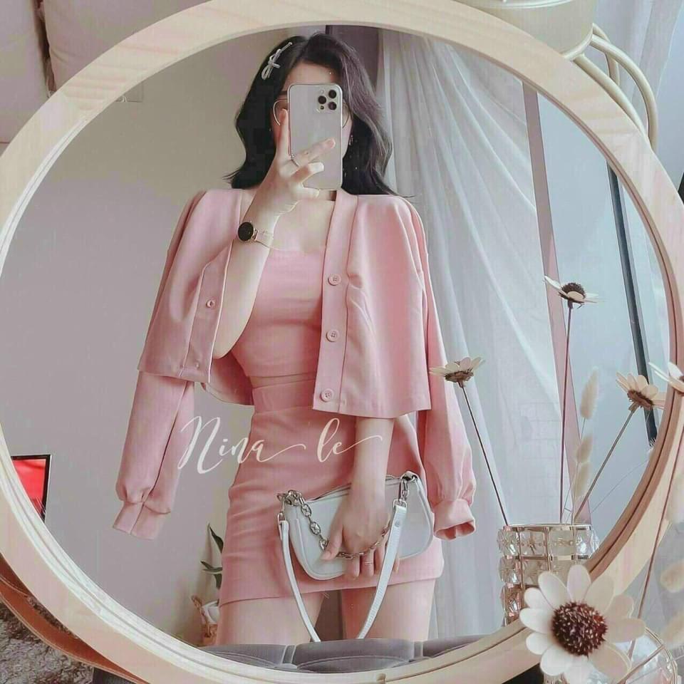 SET THUN ULZZANG 3 MÓN CÁ TÍNH CHÂN VÁY CHỮ A, ÁO ỐNG CROPTOP KÈM KHOÁC NGOÀI CÀI NÚT, DK-0048