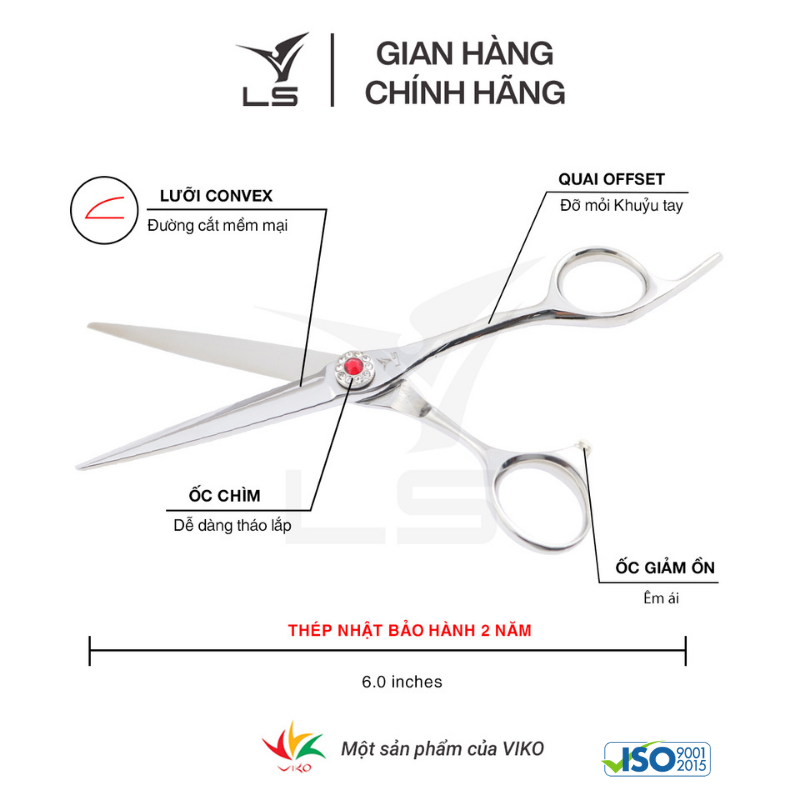 Kéo cắt tóc LS lưỡi thẳng quai offset vênh đỡ ngón cố định FA43/6.0