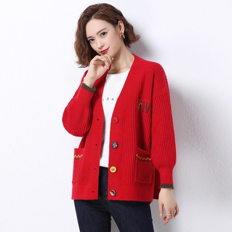 Áo khoác len nữ cardigan cổ V, áo len nữ phối viền cá tính