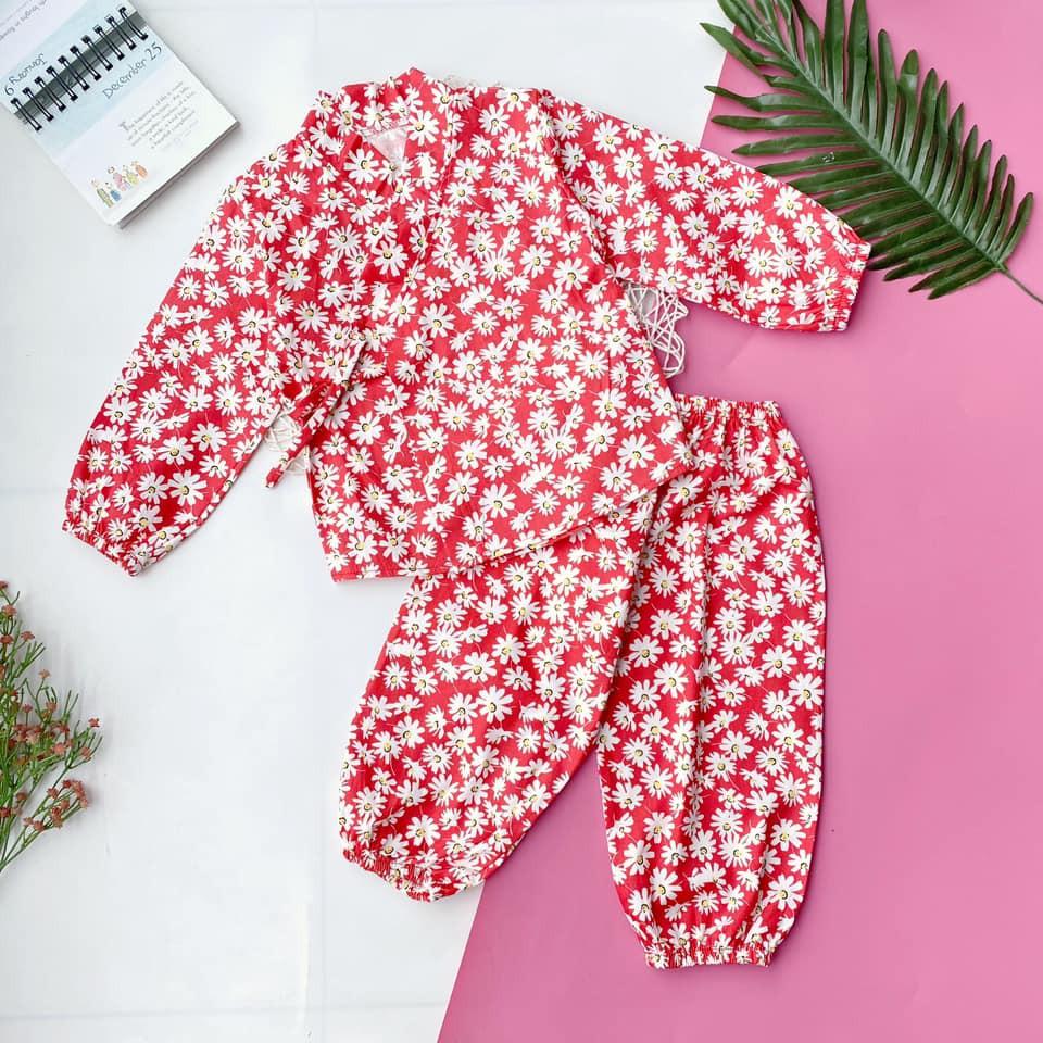 Đồ Bộ Yukata Dài Vải Thô Cotton Hàn Cho Bé Gái 8-16kg