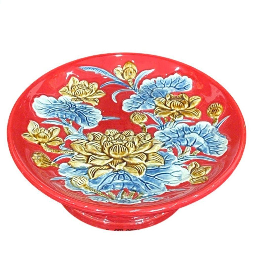 Mâm Bồng Đĩa Cúng Trái Cây Gốm Sứ RỒNG VIỆT Men Đỏ Bát Tràng Cao Cấp Trang Trí Bàn Thờ Đẹp