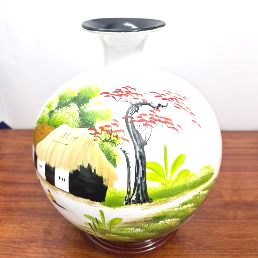 Bình Hút Lộc Gốm Sứ Trắng Vẽ Tranh Đồng Quê - 30cm - Maxi