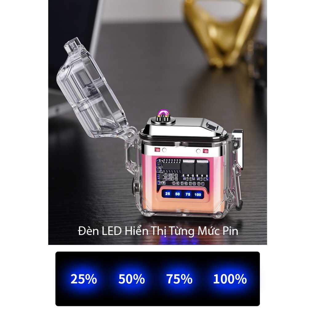 Quẹt Điện Plasma Tích Hợp Đèn Pin 3 Chế Độ Siêu Sáng - Vỏ Trong Suốt Chống Gió, Chống Nước - Hàng cao cấp