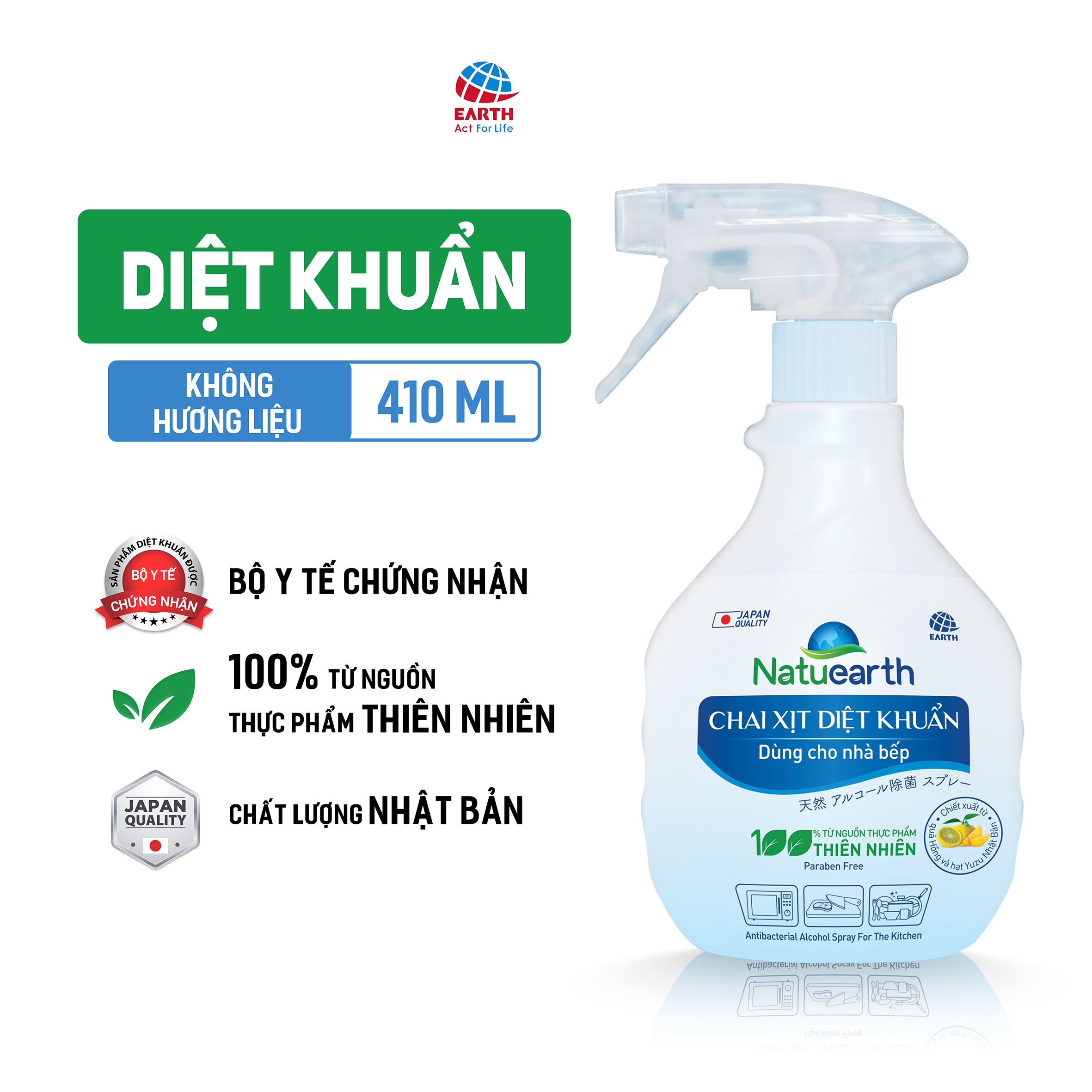 Chai xịt diệt khuẩn Natuearth (410 ml) - Chuyên diệt khuẩn cho nhà bếp và da tay - với 100% nguyên liệu thiên nhiên theo công nghệ Nhật Bản