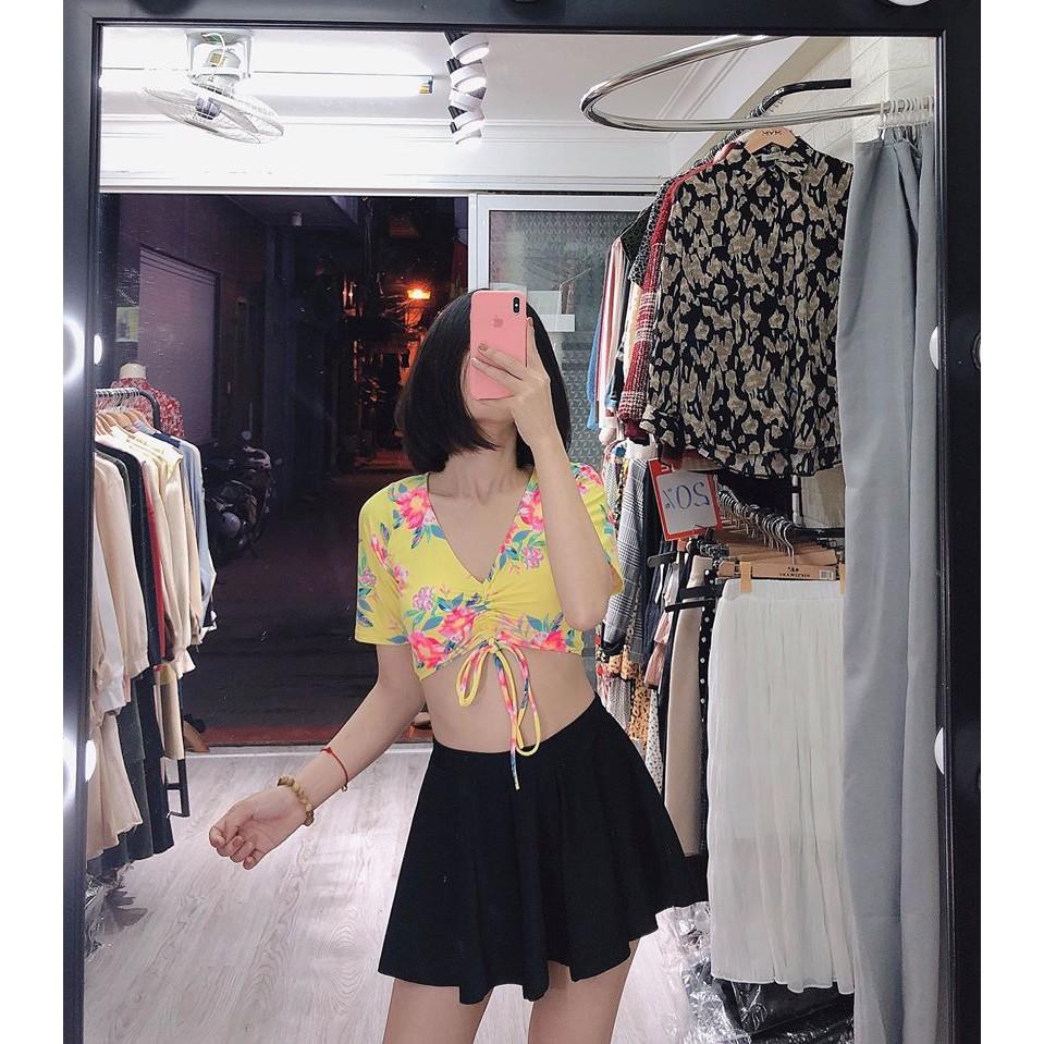 Bikini hai mảnh áo hoa vàng cọc tay váy xoè mặc đi biển đi bơi ( Đảm bảo như hình)