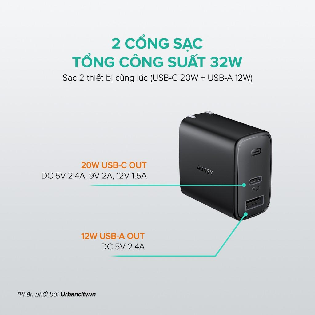 Cốc Sạc Aukey 2 Cổng PA-F3S, Sạc Nhanh Cổng Type C Power Delivery 20W, Cổng USB-A 12W - Hàng Chính Hãng