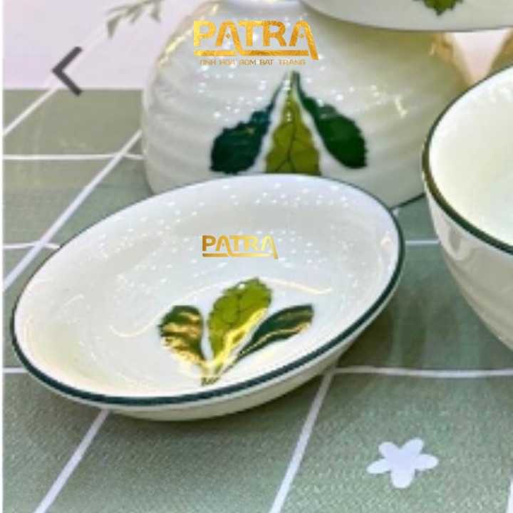 Đĩa đựng gia vị, bát mắm sứ Bát Tràng cao cấp men kem họa tiết ngò gai