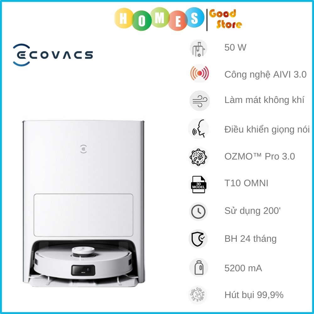 Robot Hút Bụi Lau Nhà Ecovacs Deebot T10 OMNI - Quốc Tế Tự Động Giặt Giẻ Và Hút Rác Tự Động Sấy Khô Kết Nối App Làm Mát Không Khí Khử Mùi Trợ Lý Ảo YIKO Công nghệ OMO 3.0 Lực Hút 5000 Pa Phù Hợp Diện Tích 200m2 Công Suất 50W - Hàng Chính Hãng