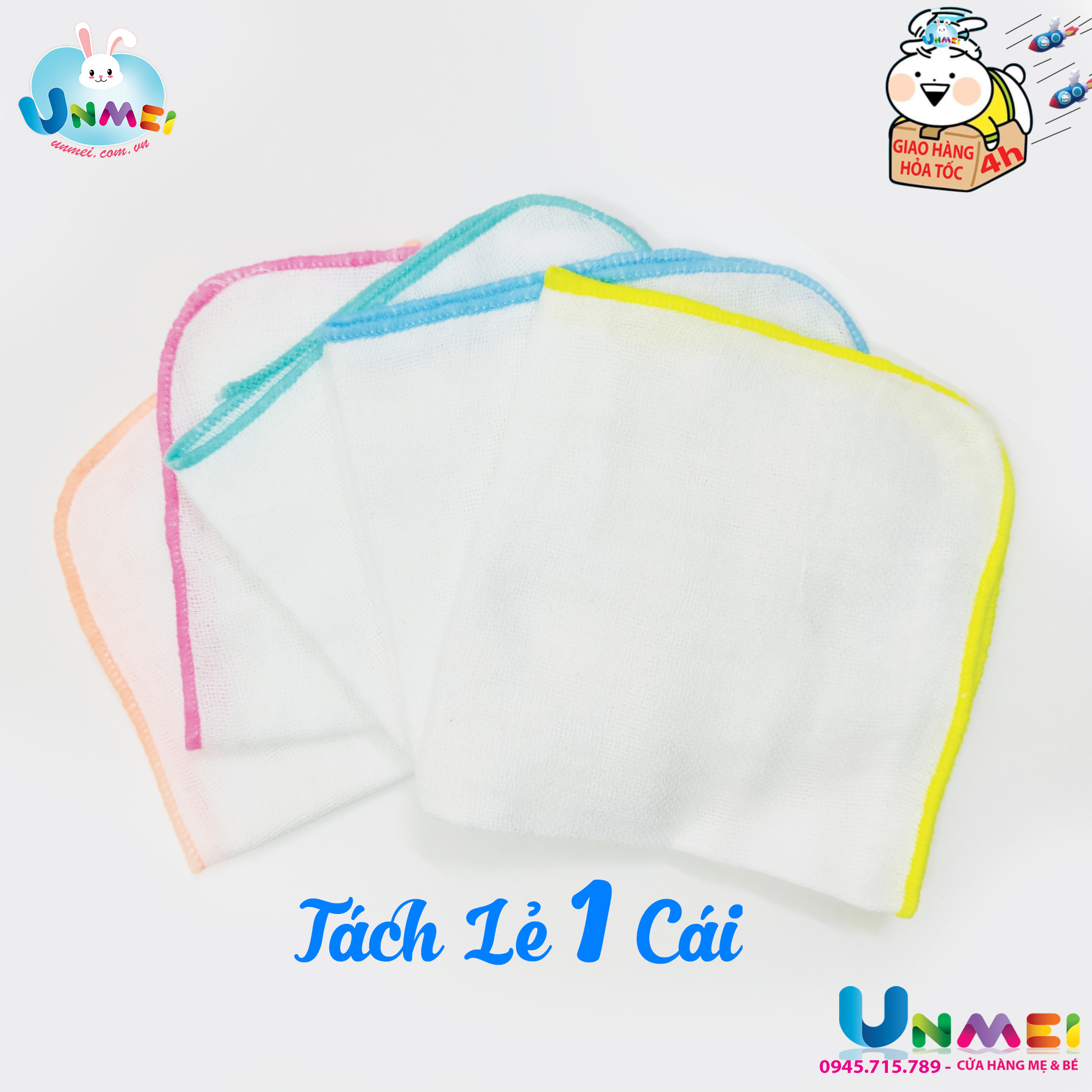 Bịch 10 Khăn sữa Cotton viền màu 4 lớp an toàn cho trẻ sơ sinh - Unmei (Khăn kích thước 25cm x 25cm)