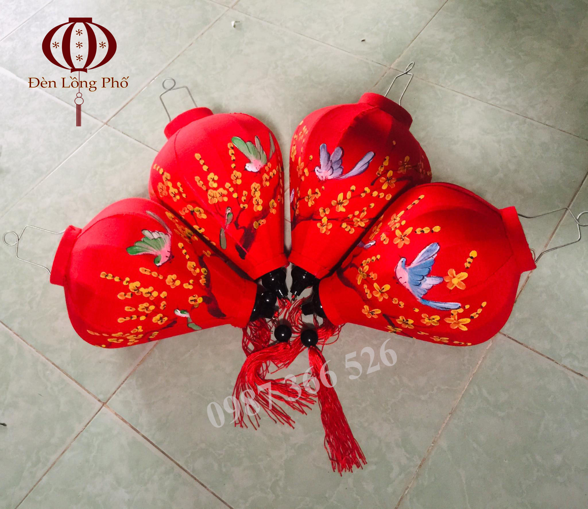 Đèn lồng vải đủi vẽ họa tiết chim và hoa xinh xắn