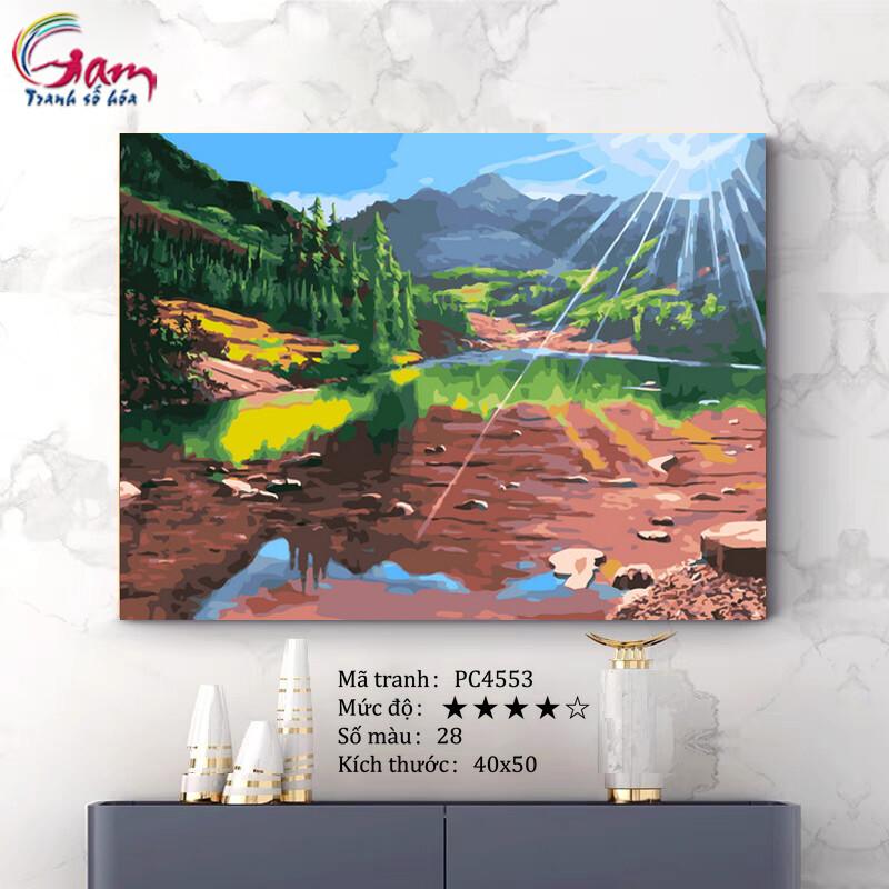 Tranh tô màu theo số phong cảnh hồ nước mới lọ màu to 5ml + 2 bộ cọ + khung 2.5cm PC4553
