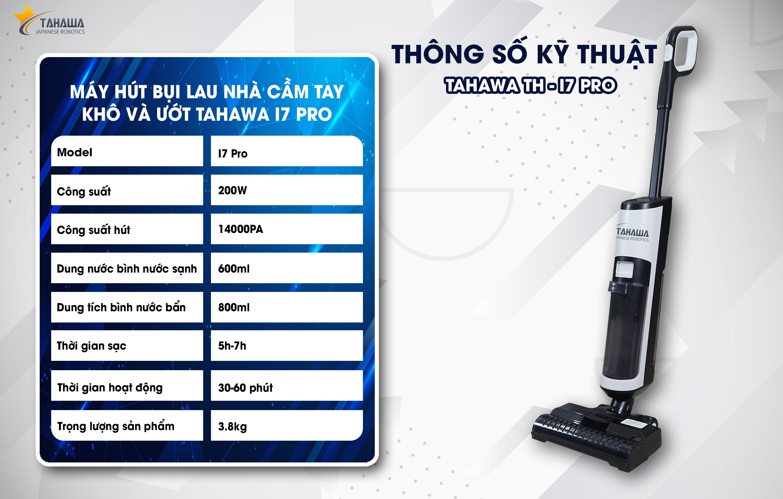 Máy hút bụi cầm tay TAHAWA TH-I7 Pro Máy hút bụi lau nhà cầm tay khô và ướt, tự động giặt giẻ 2 bình chứa nước riêng biệt, tự giặt giẻ, sữ dụng bơm nước điện tử, diệt khuẩn