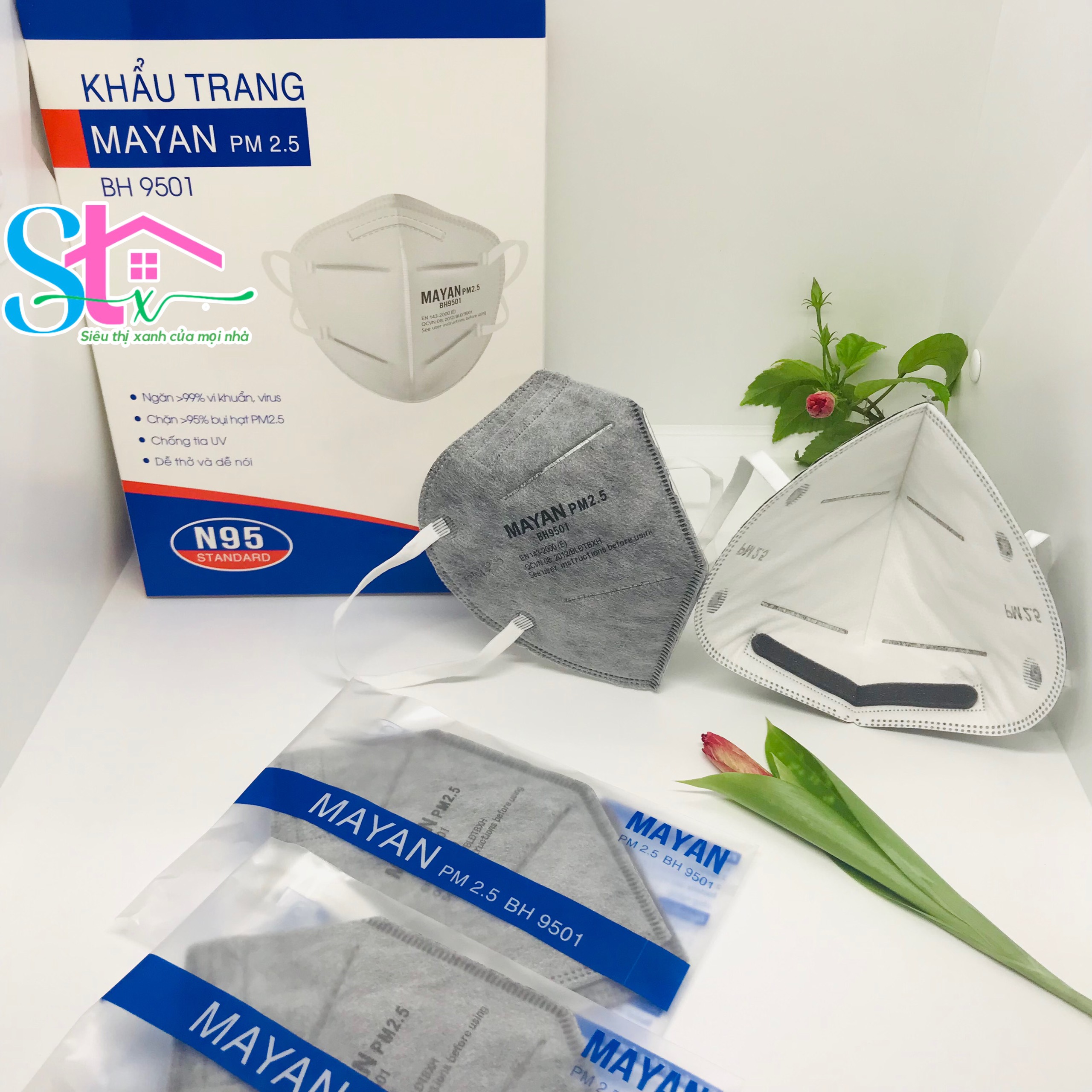 (Hộp 60 cái) Khẩu trang Mayan chính hãng PM2.5 BH9501 đệm mũi, Khẩu trang N95 BH9501V có van thở (hộp 40 cái)