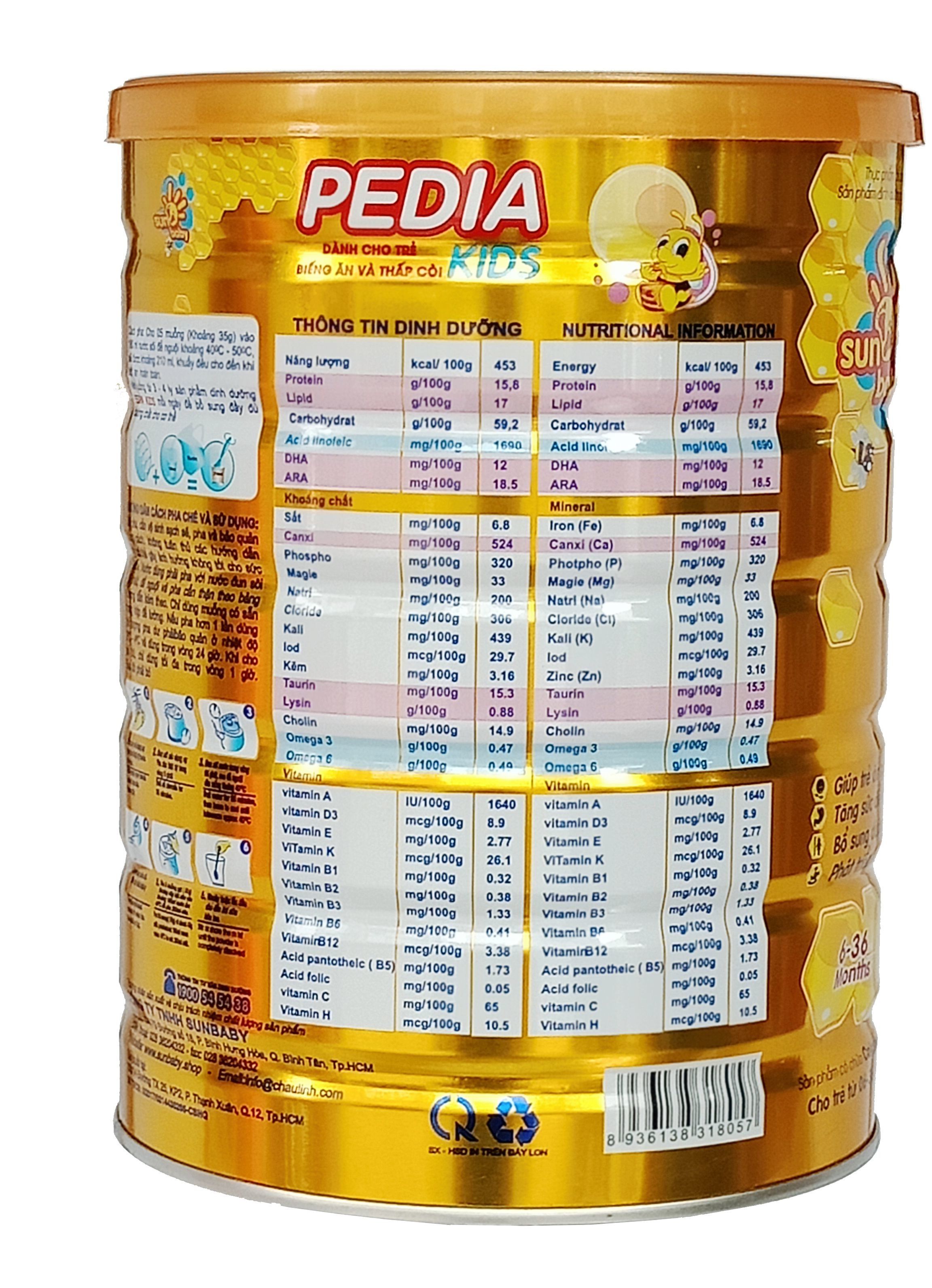 Sữa bột công thức dinh dưỡng PEDIA KIDS 900G CBSPK2020- Tặng 1 khăn khô 300 tờ Sunbaby