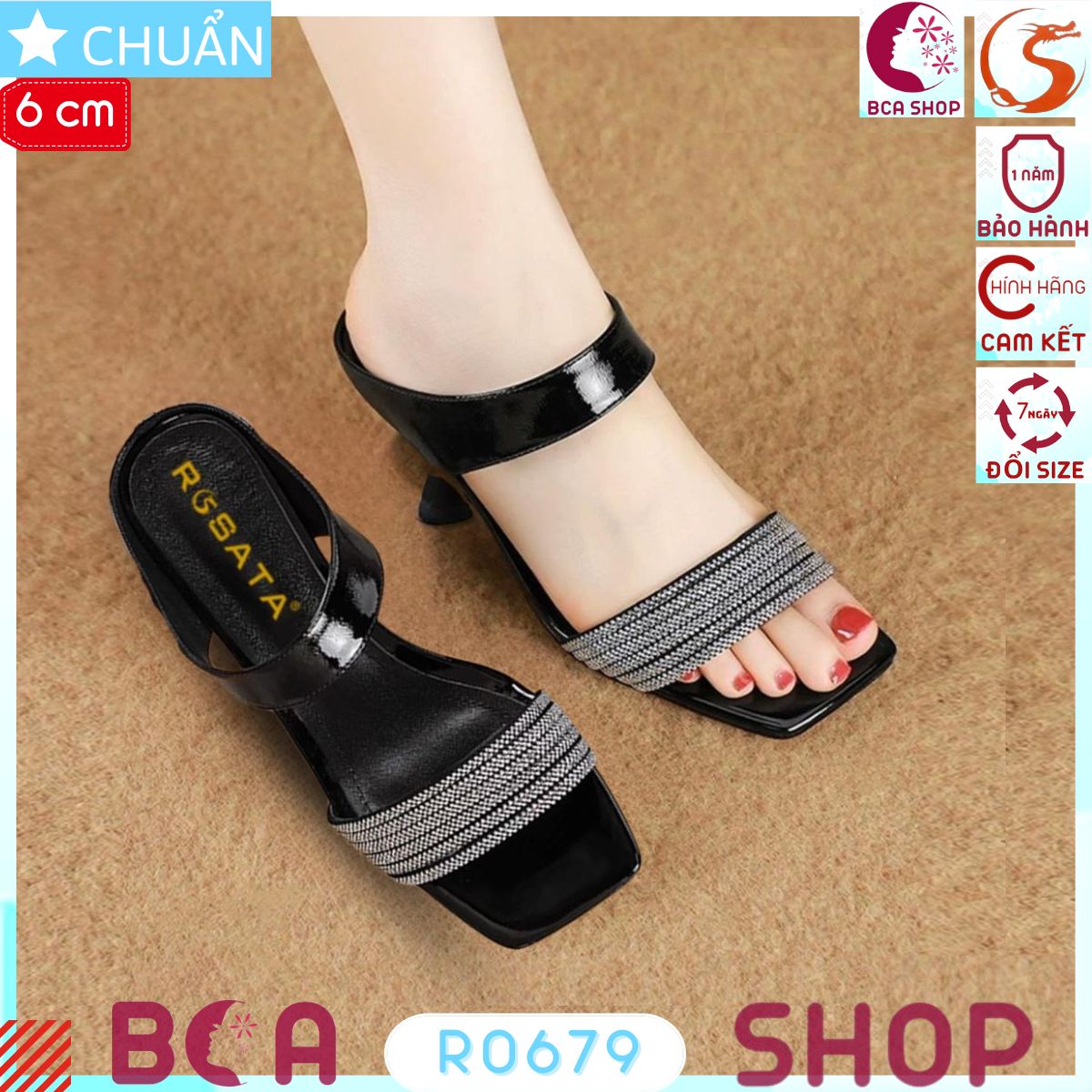 Xăng đan nữ quai ngang đính đá cao 6 phân RO679 ROSATA tại BCASHOP gót nhỏ tôn dáng, tôn da vừa sang trọng vừa thời trang