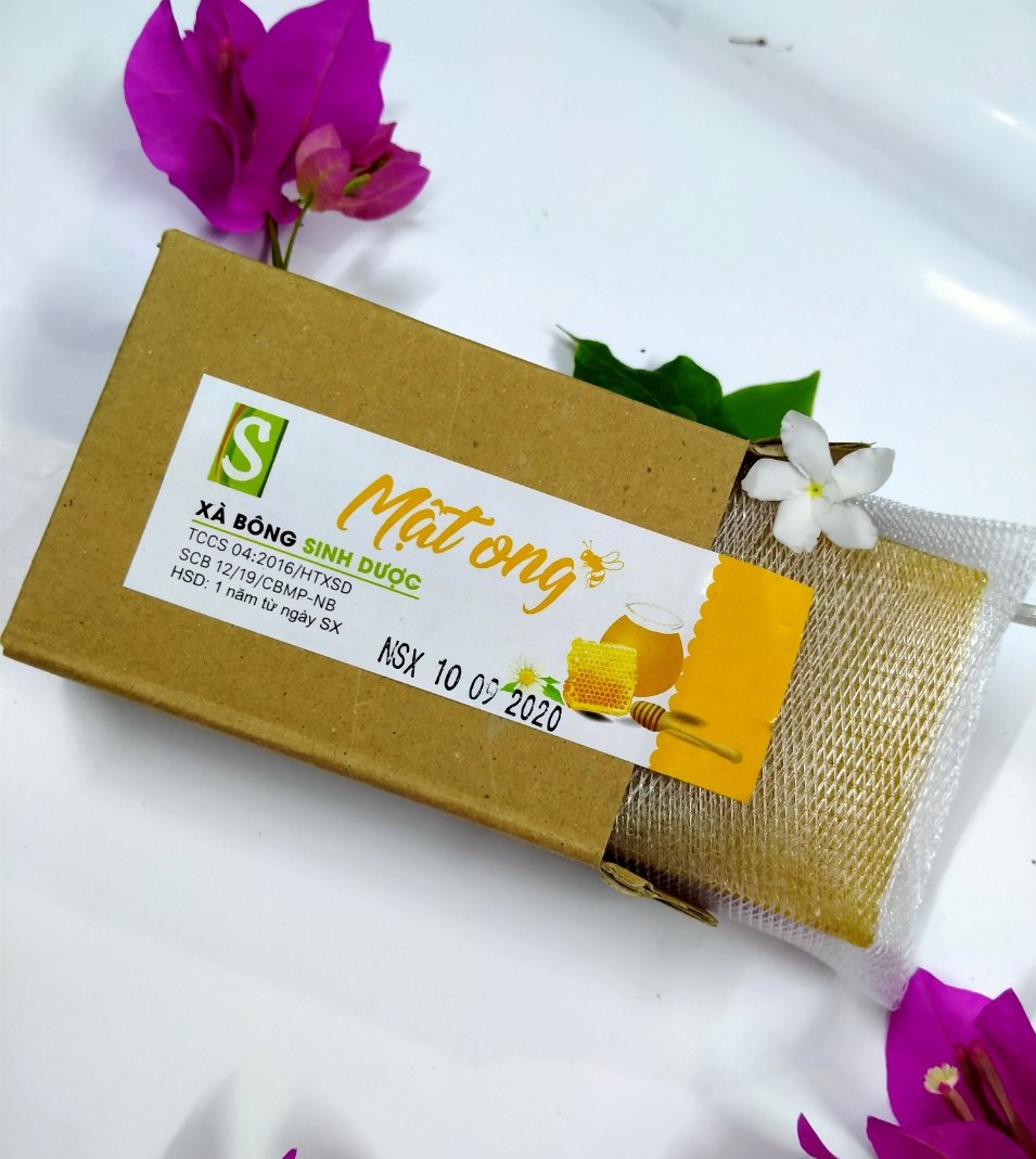 Bánh Xà bông Sinh Dược Mật ong 100 gram, tốt cho da mụn, tặng kèm túi lưới tạo bọt