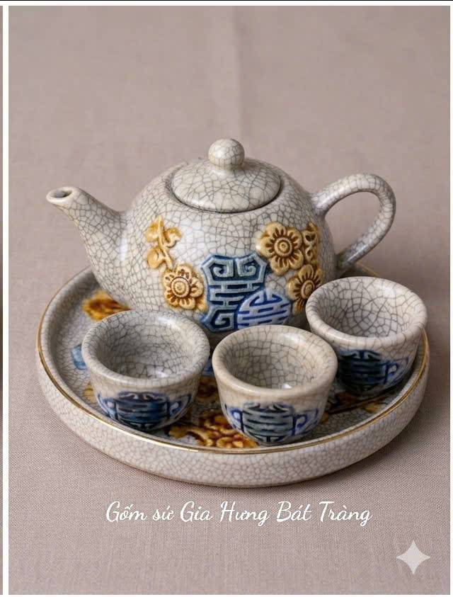Bộ ấm chén thờ men rạn gốm Bát Tràng