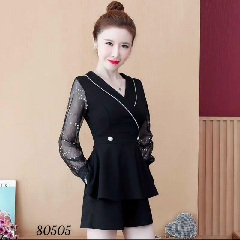 Sét bộ đồ nữ cổ vest tay dài phối lưới hoa xinh xắn size từ 40-70kg