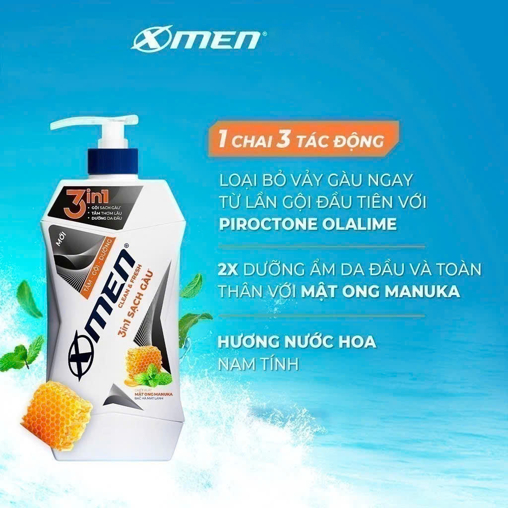 Tắm Gội Dưỡng Xmen Clean &amp; Fresh 3in1 Sạch Gàu Chai 610g