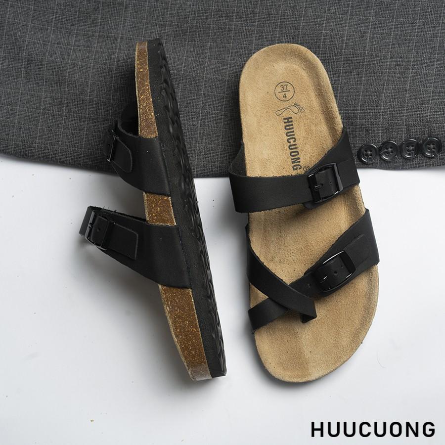 Dép unisex HuuCuong xỏ ngón da bò đen đế trấu handmade