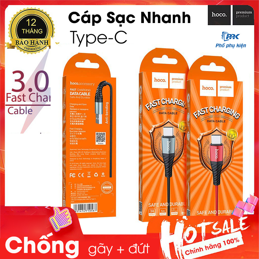 Cáp sạc nhanh bọc dù hoco x38 New Type c QC3.0 3A - dây sạc quick chagre 3.0 siêu bên andoird cho samsung xiaomi ... giao mầu ngẫu nhiên - hàng chính hãng