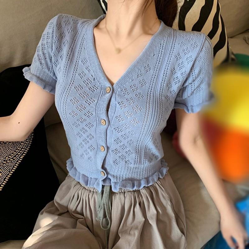 Áo Len Nữ Ngắn Tay Cổ Chữ V Thời Trang