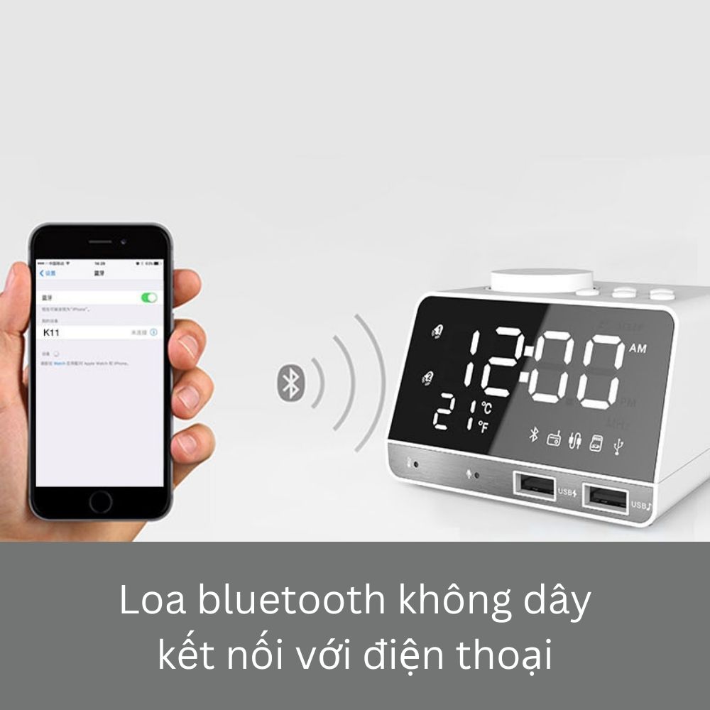 Đồng Hồ Để Bàn LED Báo Thức Mini Decor Điện Tử Nghe Radio FM Kết Nối Loa Bluetooth Pin Sạc USB Hiện Đại